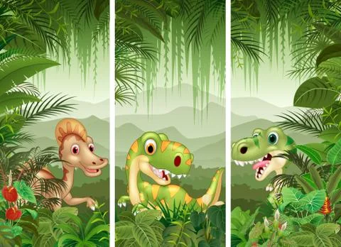 Set of dinosaur with tropical forest background Stock Illustration
