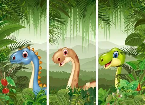 Set of dinosaur with tropical forest background Stock Illustration