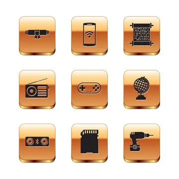 Set Diploma rolled scroll, Bluetooth speakers, SD card, Gamepad, Radio and Paper Stock Illustration