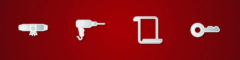 Set Diploma rolled scroll, Drill machine, Paper and Key icon. Vector イラスト素材