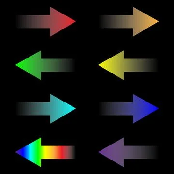 Set of directional arrows, different colors, linear gradient, on black backg イラスト素材