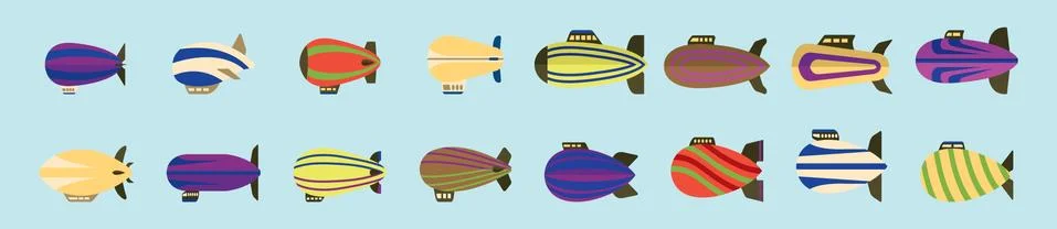 Set of dirigible cartoon icon design template with various models Stock Illustration