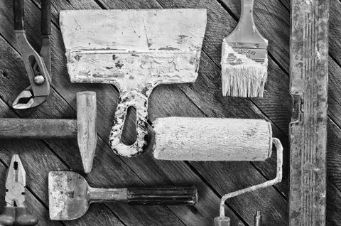 Set of dirty construction tools Stock Photos