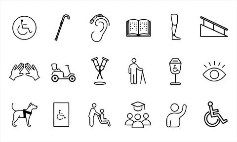 Set of disability and accessibility black line on white background Stock Illustration