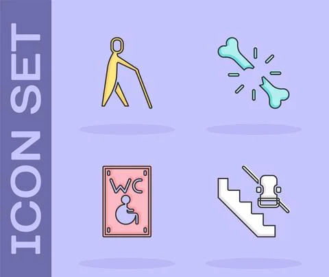 Set Disabled elevator, Blind human holding stick, Separated toilet for disabled Illustrazione stock