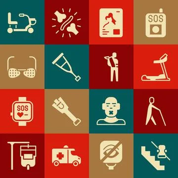 Set Disabled elevator, Blind human holding stick, Treadmill machine, X-ray .. Stock Illustration