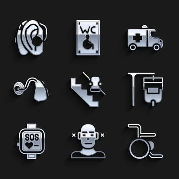 Set Disabled elevator, Deaf, Wheelchair, IV bag, Smart watch, Hearing aid Stock Illustration