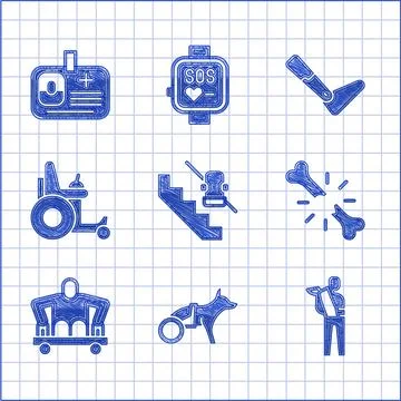 Set Disabled elevator, Dog in wheelchair, Human broken arm, bone, Man witho.. Stock Illustration
