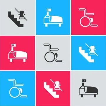 Set Disabled elevator, Hospital bed and Wheelchair icon. Vector Stock Illustration
