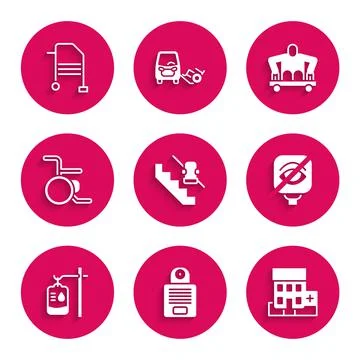 Set Disabled elevator, Intercom, Medical hospital building, Blindness, IV bag Ilustración de archivo