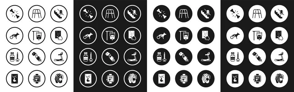 Set Disabled elevator, IV bag, Dog in wheelchair, Human broken bone, Braill.. Stock Illustration