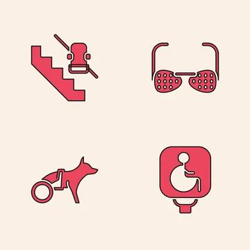 Set Disabled wheelchair, elevator, Blind glasses and Dog icon. Vector Stock Illustration