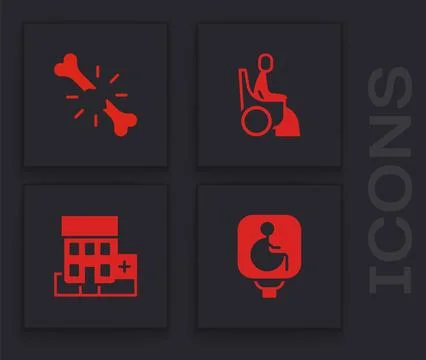 Set Disabled wheelchair, Human broken bone, Woman in and Medical hospital b.. Illustrazione stock