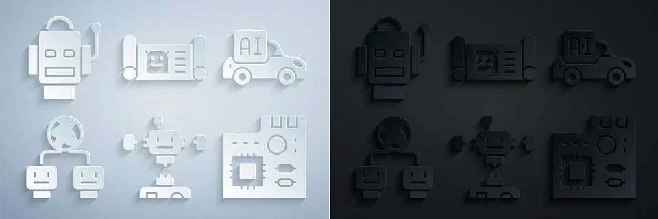Set Disassembled robot, Autonomous smart car, Artificial intelligence, Mother Stock Illustration