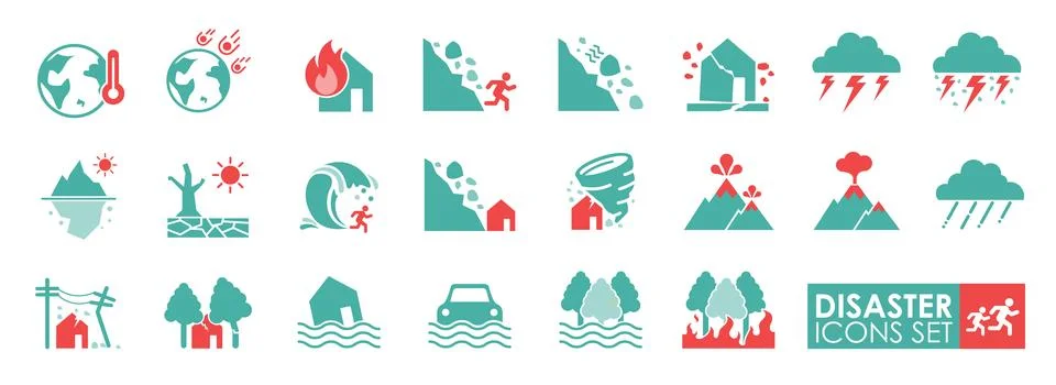 Set of disaster icons, Containing avalanches, earthquakes, volcanoes, tsuna.. Stockillustratie