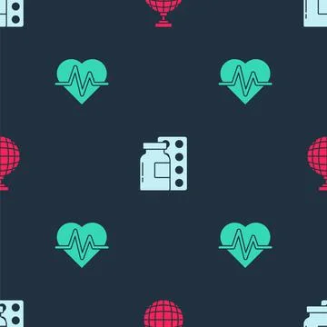Set Disco ball, Pills in blister pack and Heart rate on seamless pattern. Vector Stock Illustration