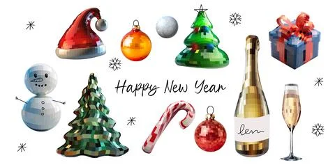 Set disco mirror ball new year and Christmas, Christmas tree, Santa hat, or.. Stock Illustration