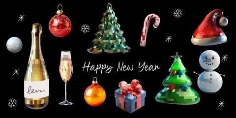 Set disco mirror ball new year and Christmas, Christmas tree, Santa hat, or.. Stock Illustration