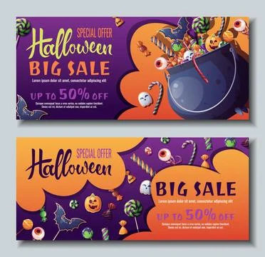 Set of Discount banner design with sweets and cookies in the witch's cauldron Stock Illustration