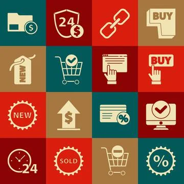 Set Discount percent tag, Computer monitor, Buy button, Chain link, Shopping Stock Illustration