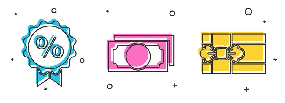 Set Discount percent tag, Stacks paper money cash and Gift box icon. Vector Illustration
