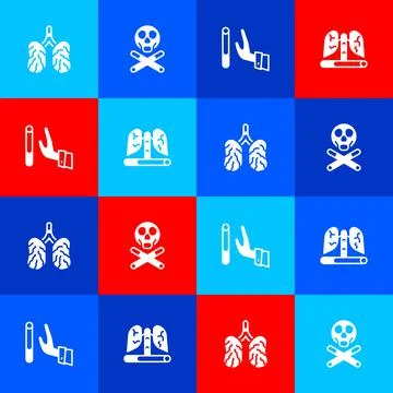 Set Disease lungs, Bones and skull, Giving up cigarette and icon. Vector Ilustração Stock