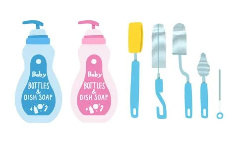 Set of dish soap bottle and bottle brush flat vector illustration clipart 스톡 일러스트