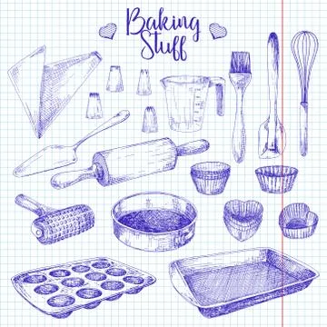 Set of dishes for baking. Baking stuff Vector illustration in sketch style. Stock Illustration