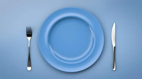 Set of dishes. Blue empty plate and knife with fork. Top view. 写真素材