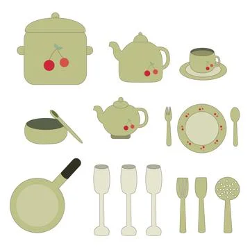A set of dishes with a pattern of cherries on a white background. 스톡 일러스트