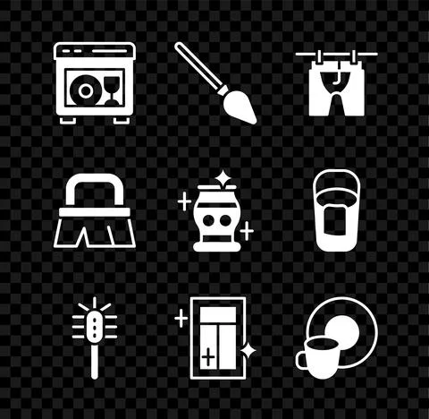 Set Dishwasher machine, Handle broom, Drying clothes, Toilet brush, Cleaning Stock Illustration
