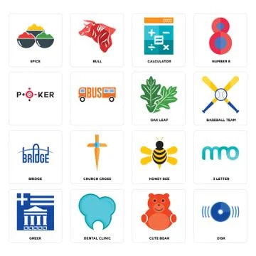Set of disk, cute bear, greek, honey bee, bridge, oak leaf, , calculator, spi Illustrazione stock gratuita