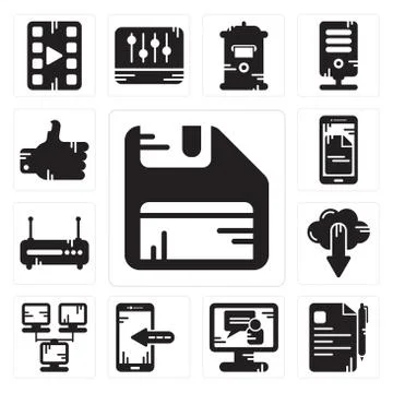 Set of Diskette, File, Video call, Smartphone, Network, Cloud computing, Rout 無料イラスト素材
