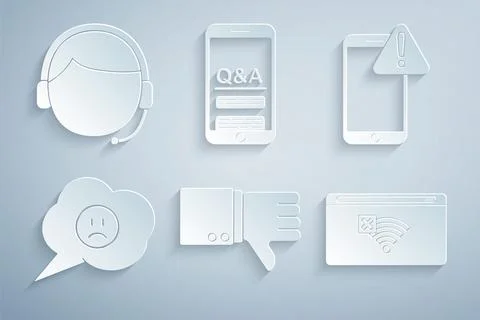Set Dislike, Mobile with exclamation mark, Speech bubble sad smile, No Internet Stock Illustration