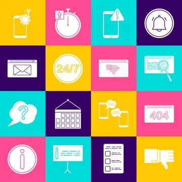 Set Dislike, Page with a 404 error, System bug concept, Mobile exclamation mark Stock-Illustration