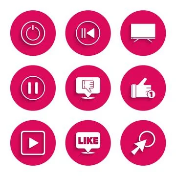 Set Dislike in speech bubble, Like, Arrow cursor, Hand, Play square, Pause Stockillustratie