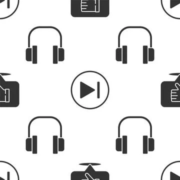 Set Dislike in speech bubble, Fast forward and Headphones on seamless pattern Stock Illustration