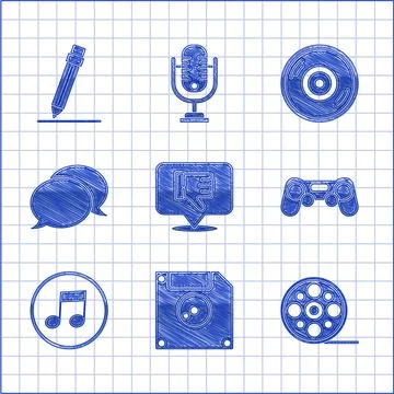 Set Dislike in speech bubble, Floppy disk for computer data storage, Film reel Illustrazione stock