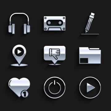 Set Dislike in speech bubble, Power button, Play circle, Document folder, Like Stock Illustration