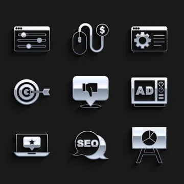 Set Dislike in speech bubble, SEO optimization, Board with graph chart, Adv.. Stockillustratie