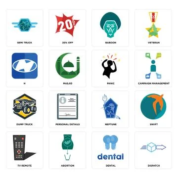 Set of dispatch, dental, tv remote, neptune, dump truck, panic, h, baboon, se Selección de ilustraciones gratis