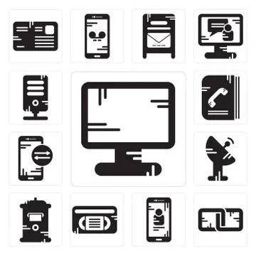 Set of Display, Link, Smartphone, Vhs, Mailbox, Satellite dish, Phone book, S Free Stock Illustration
