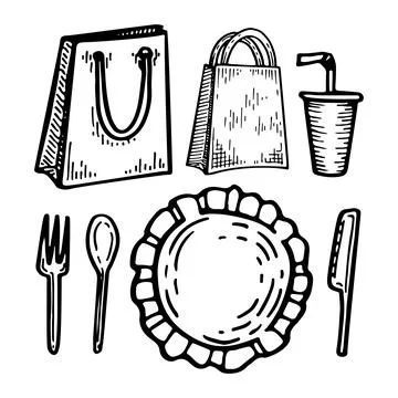 A set of disposable packaging and tableware. Paper bag, plastic cutlery, plat Stock Illustration