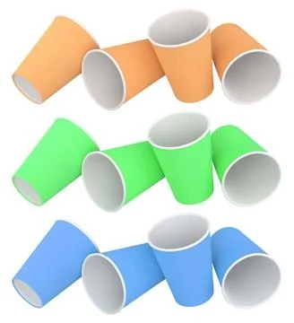Set of disposable paper cups placed in rows, isolated on white background, co Illustrazione stock