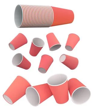 Set of disposable paper cups placed in rows, isolated on white background Illustrazione stock