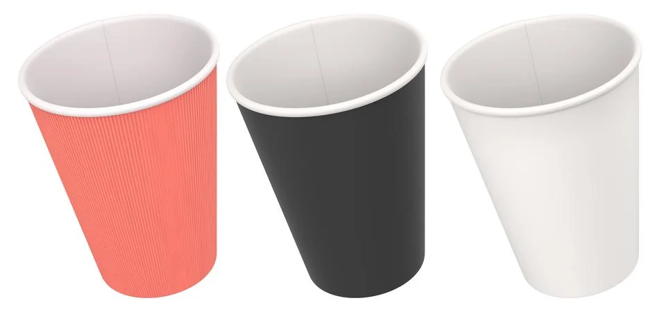 Set of disposable paper cups placed in rows, isolated on white background Illustrazione stock