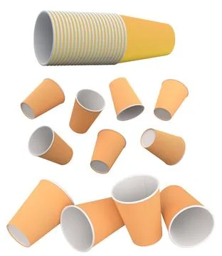 Set of disposable paper cups placed in rows, isolated on white background 스톡 일러스트