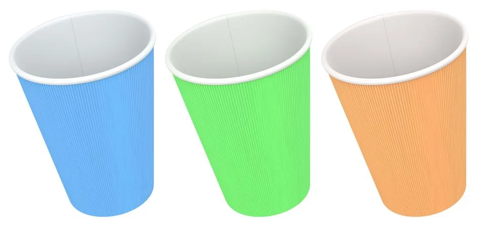 Set of disposable paper cups placed in rows, isolated on white background, .. Illustrazione stock