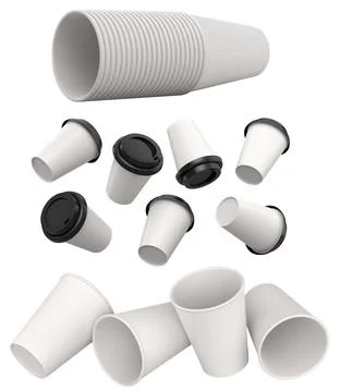 Set of disposable paper cups placed in rows, isolated on white background, co Illustrazione stock