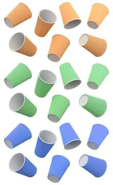 Set of disposable paper cups placed in rows, isolated on white background, .. Illustrazione stock
